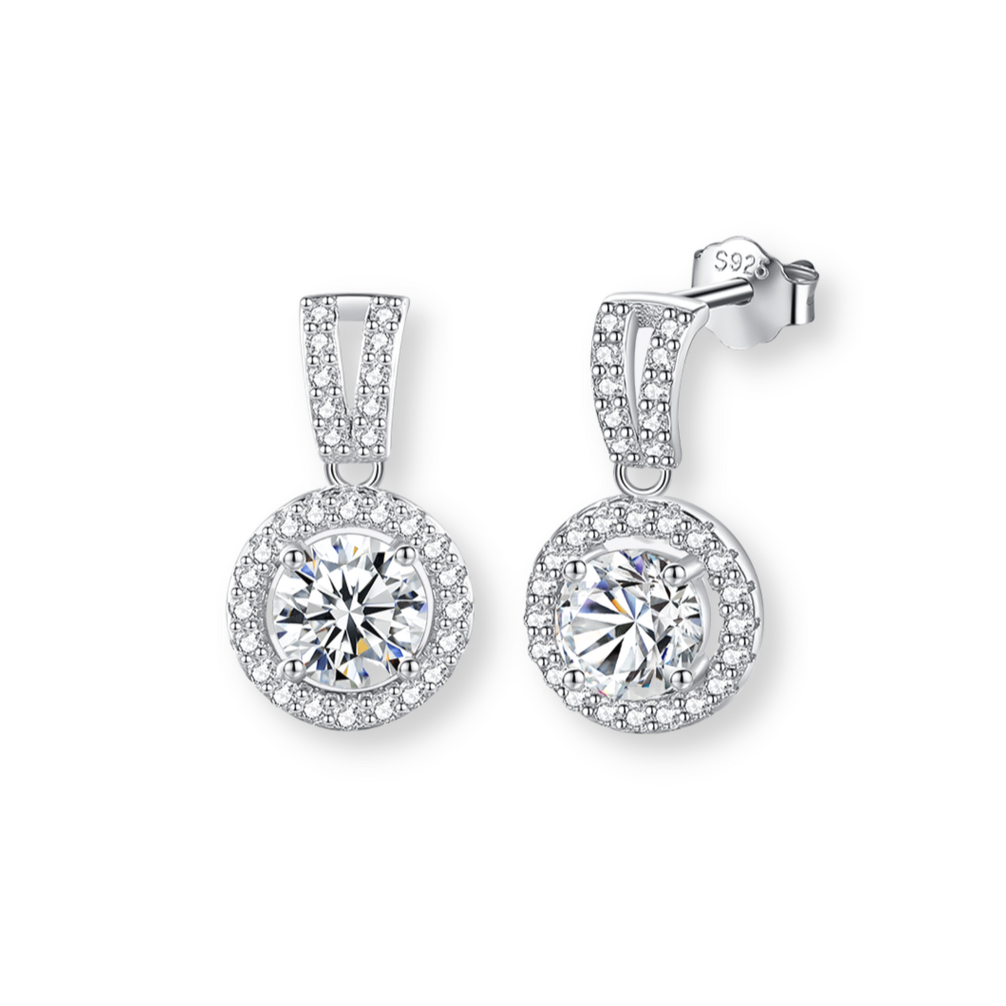 Moissanite Round Halo Drop Earrings
