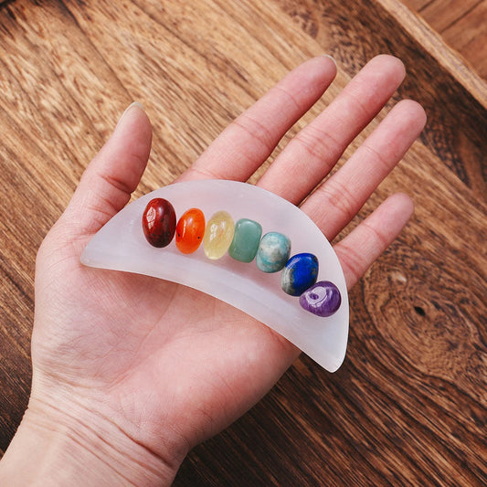 Selenite Moon Charging Bowl Chakra Crystal Set