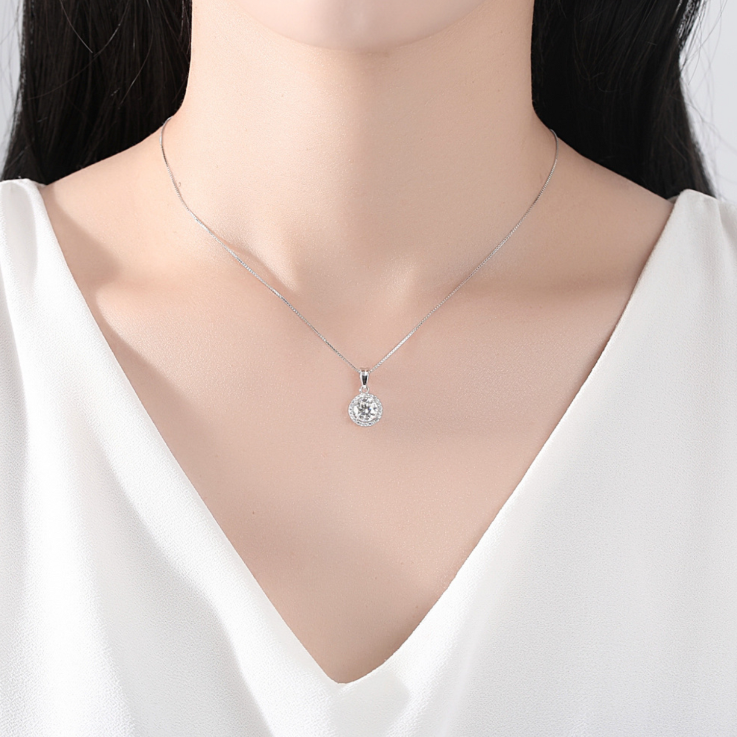 Moissanite Round Halo Pendant Necklace