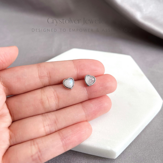 Natural Moonstone Heart Stud Earrings