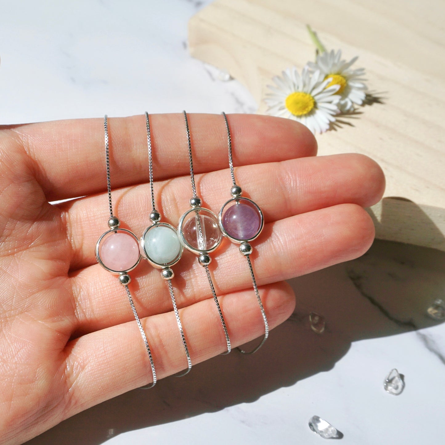 Round Frame 925 Silver Gemstone Bracelet (8mm)