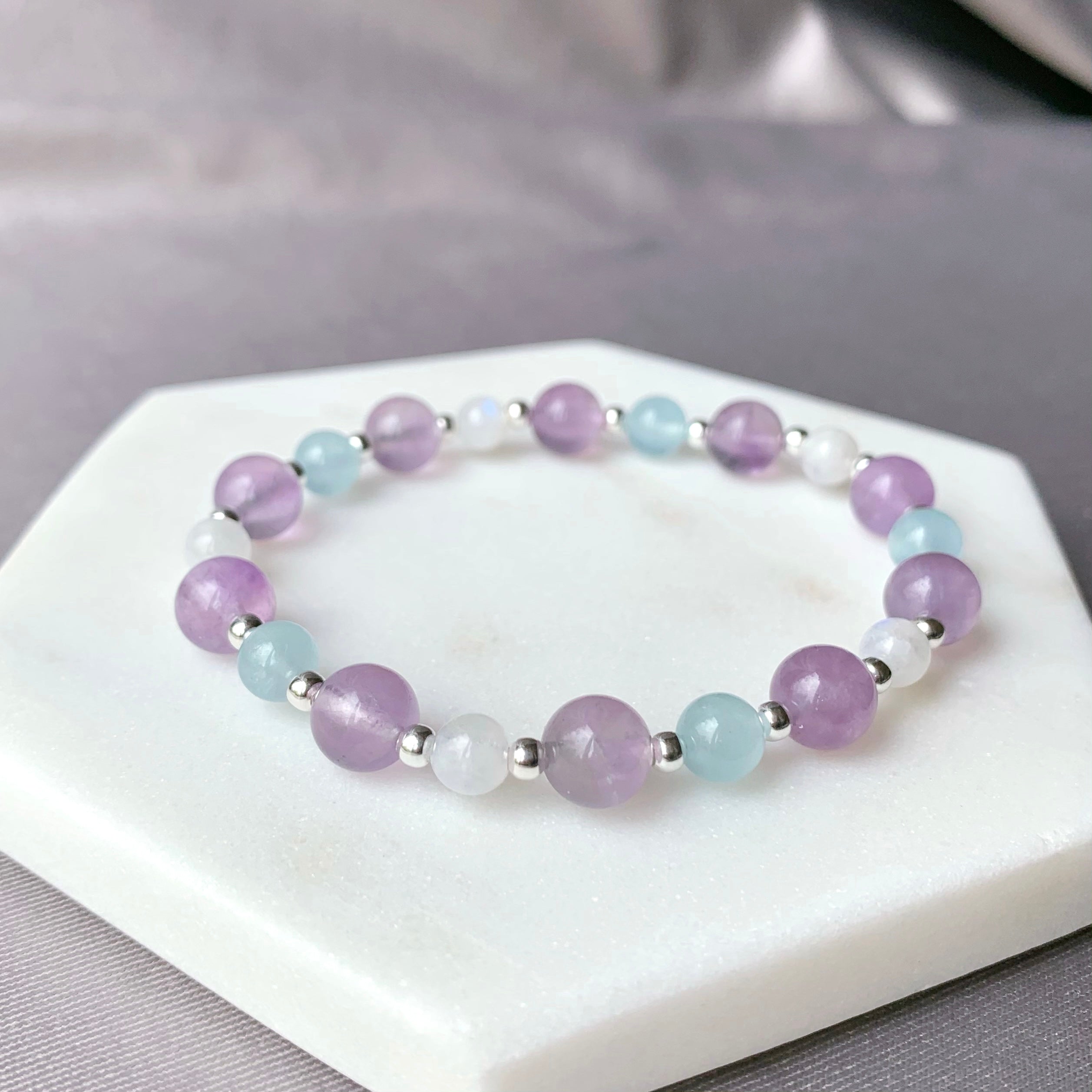 Amethyst, Aquamarine Moonstone Gemstone Bracelet