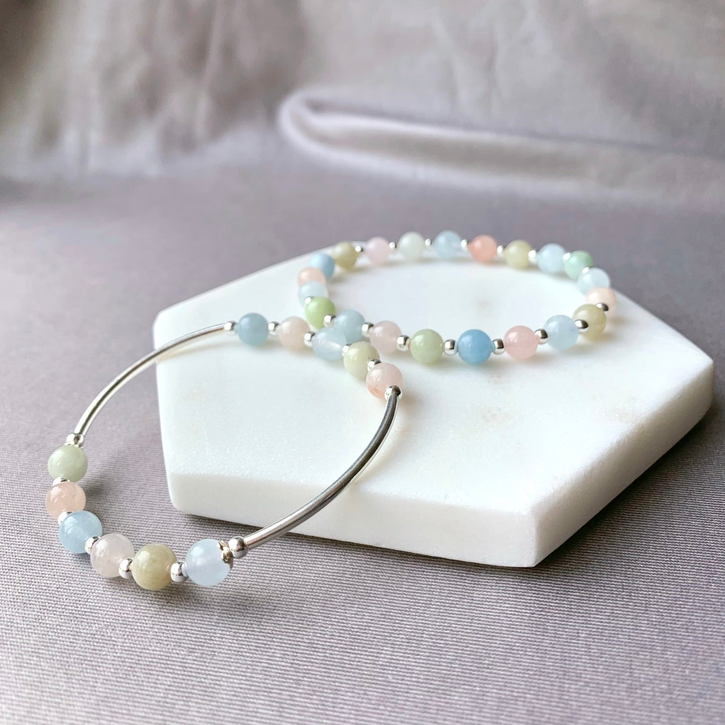 Natural Morganite Sterling Silver Tube Bracelet