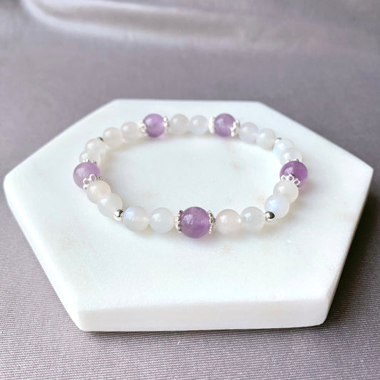Lavender Amethyst & Moonstone Flower Beaded Bracelet