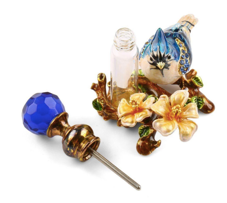 Vintage Metal Bird Essential Oil Glass Bottle