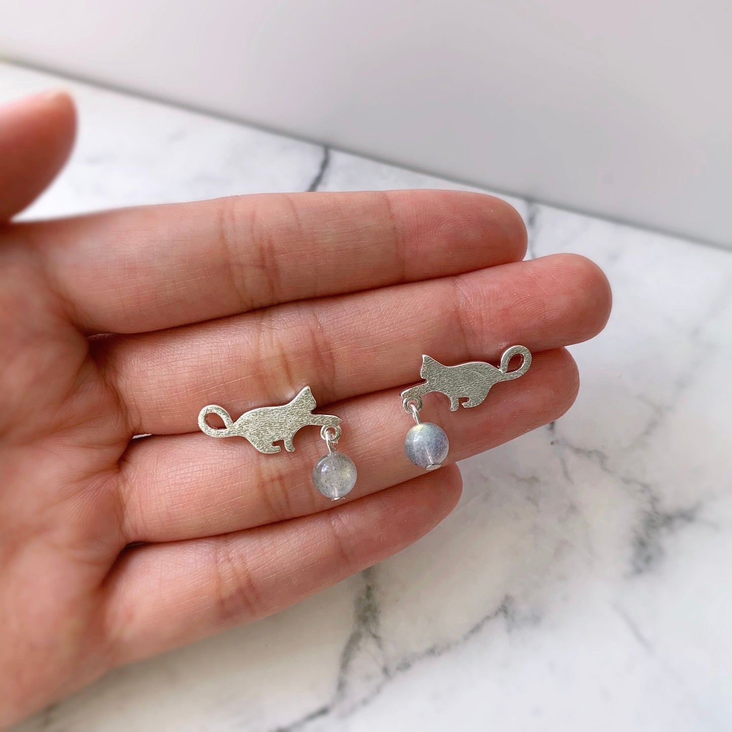 Cute Cat Grey Moonstone Earrings