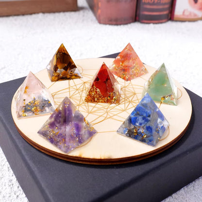 Pyramid Chakra Crystal Set with Wooden Base