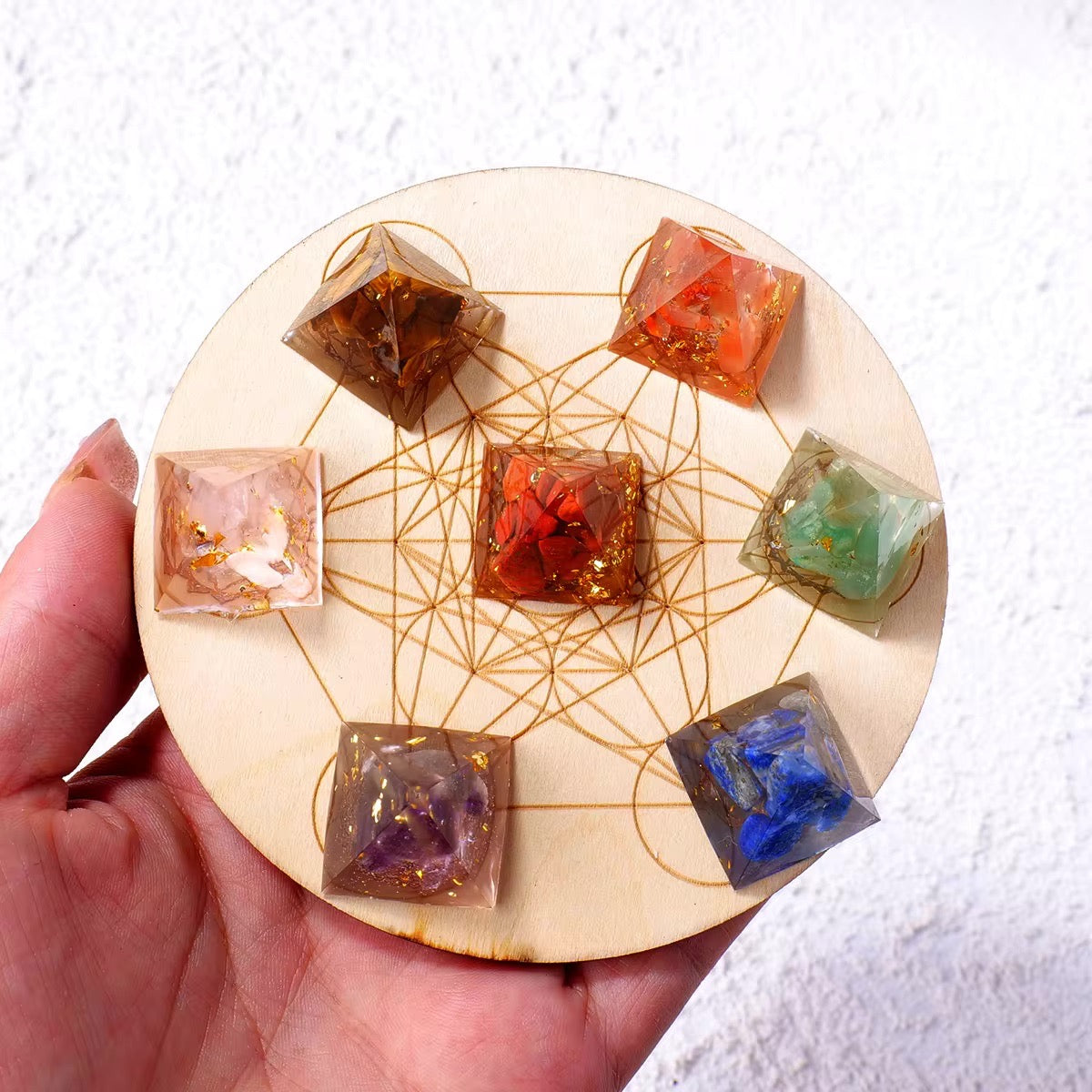 Pyramid Chakra Crystal Set with Wooden Base