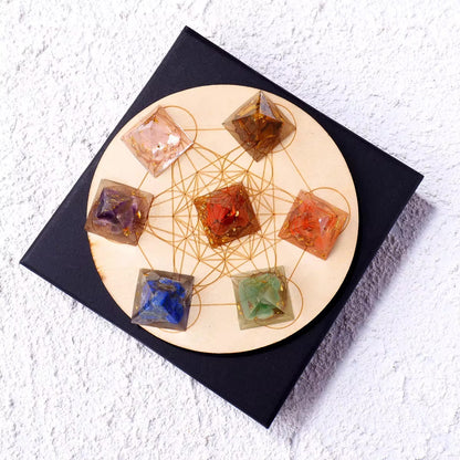 Pyramid Chakra Crystal Set with Wooden Base