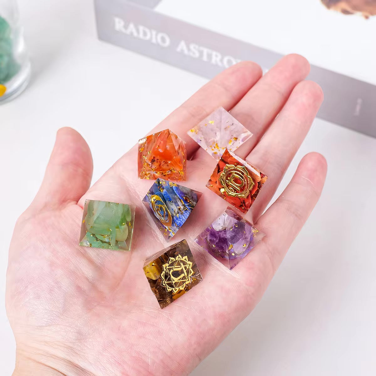 Pyramid Chakra Crystal Set with Wooden Base