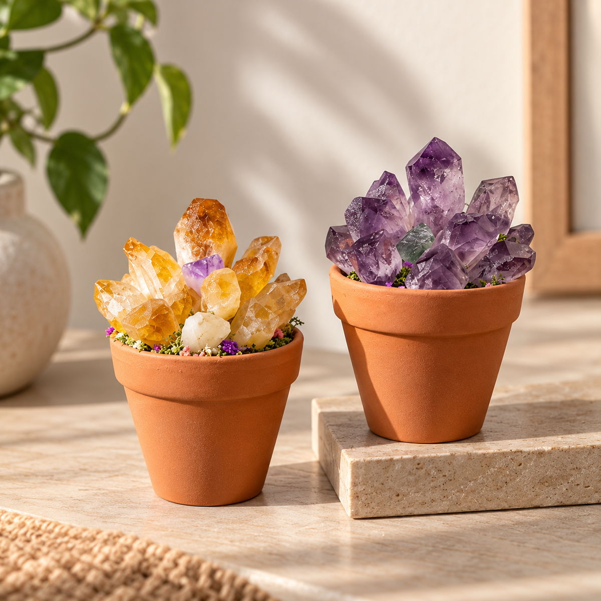 Natural Crystal Cluster with Planter Pot