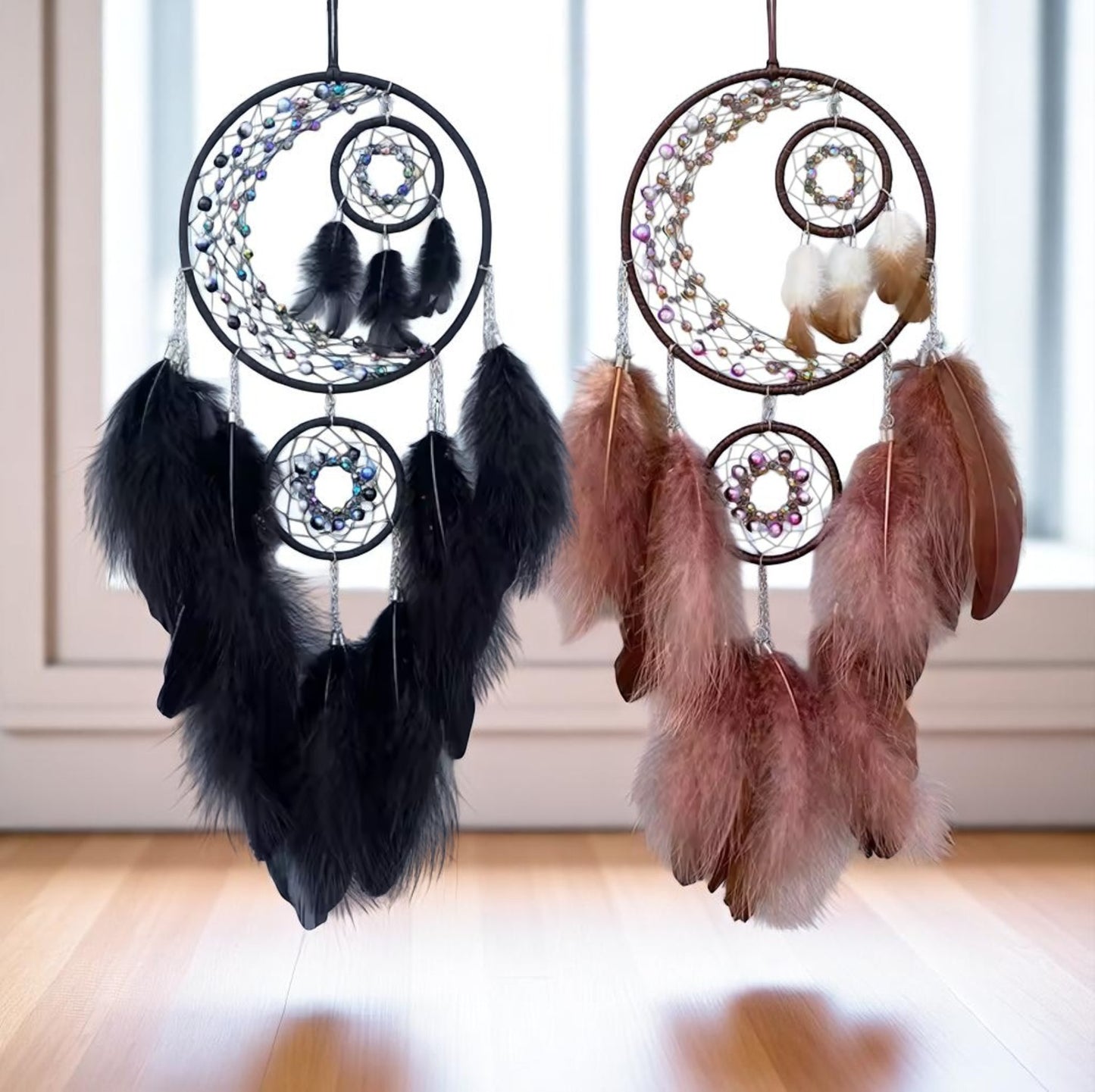 Triple Hoop Dreamcather Feathers Wind Chimes