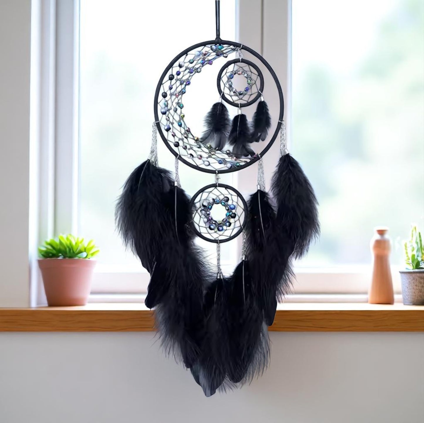 Triple Hoop Dreamcather Feathers Wind Chimes