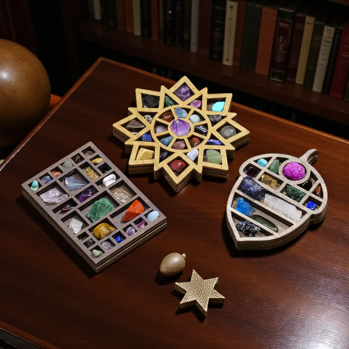 Wooden Crystal Grid with Natural Stones