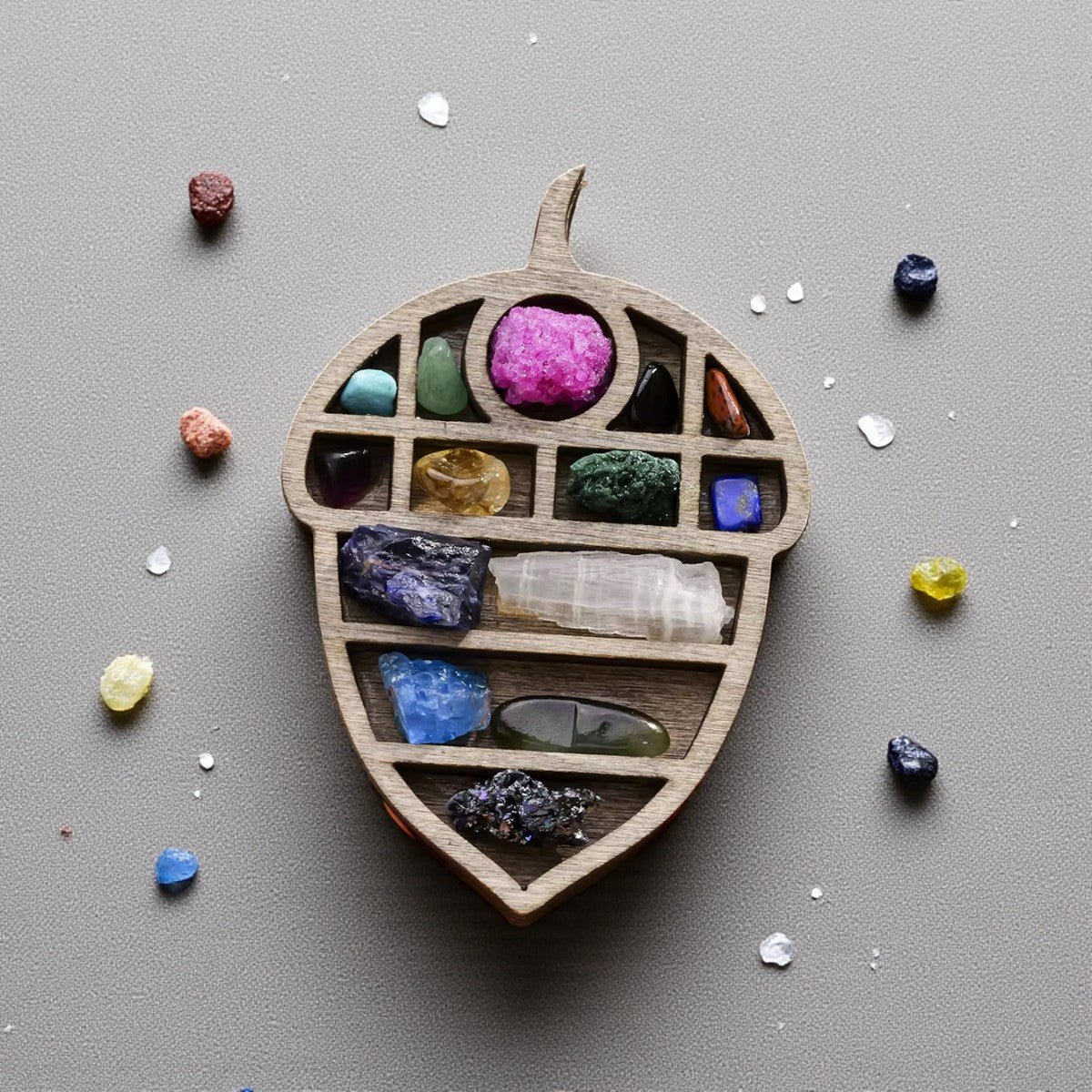 Wooden Crystal Grid with Natural Stones