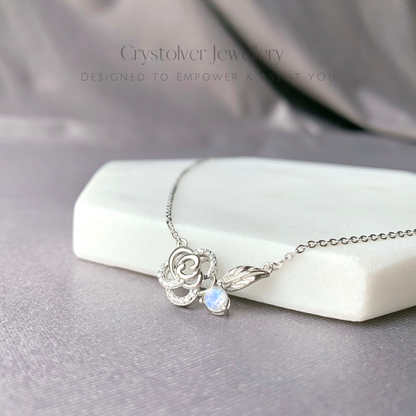 Moonstone Rose Flower 925 Sterling Silver Necklace