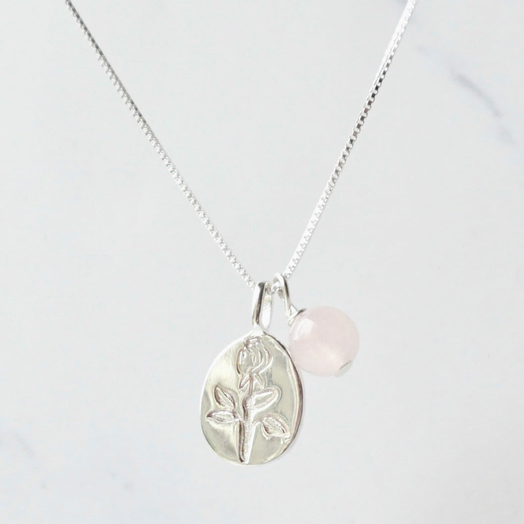 Rose Quartz Flower 925 Silver Pendant Necklace