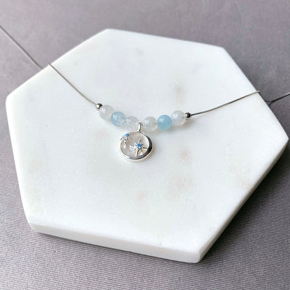 Aquamarine Moon Star Pendant 925 Silver Necklace