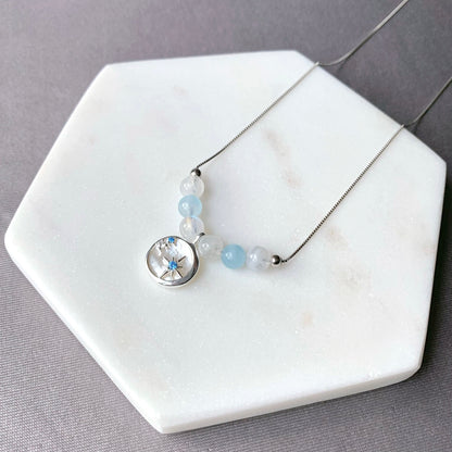 Aquamarine Moon Star Pendant 925 Silver Necklace