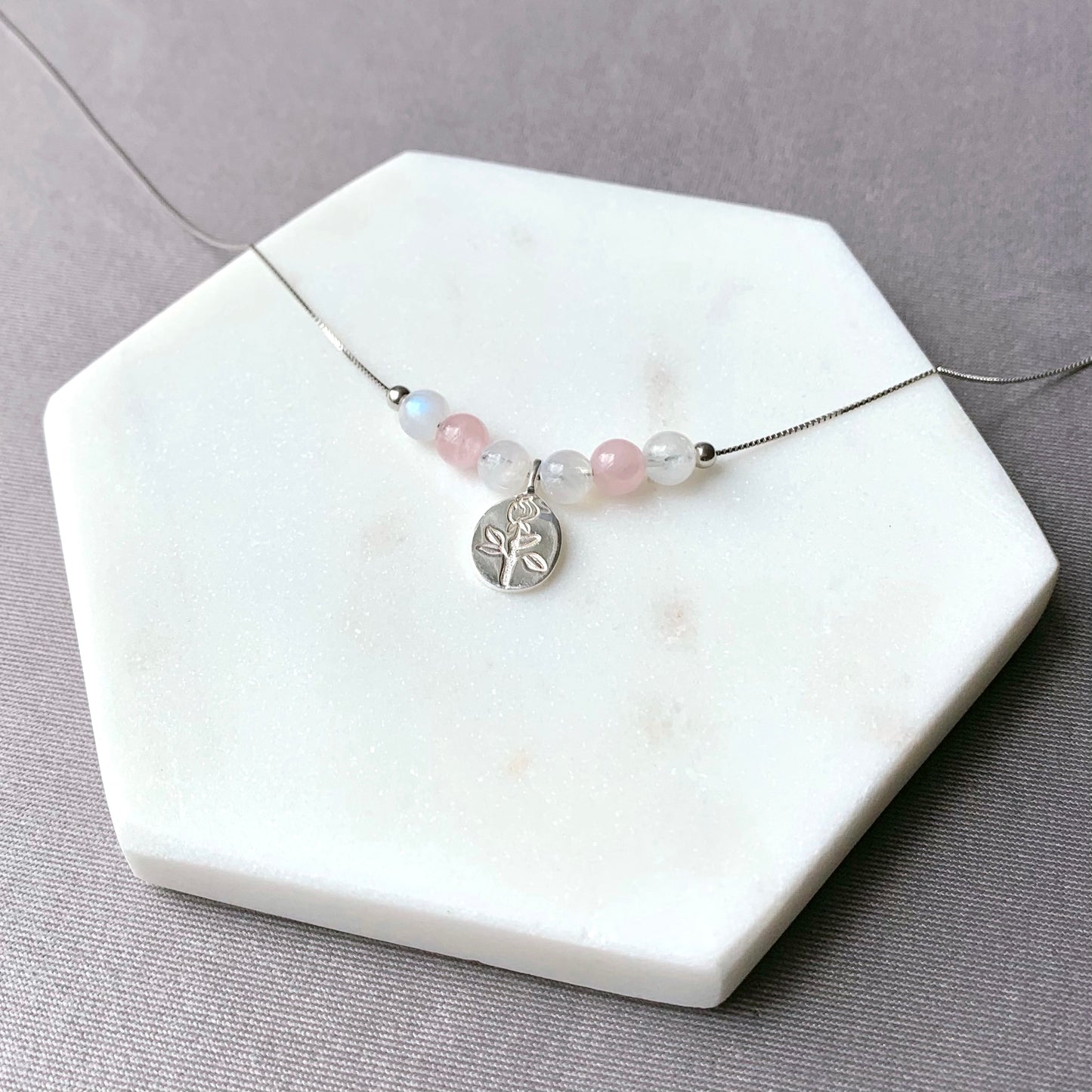 Rose Quartz Flower Pendant 925 Silver Necklace