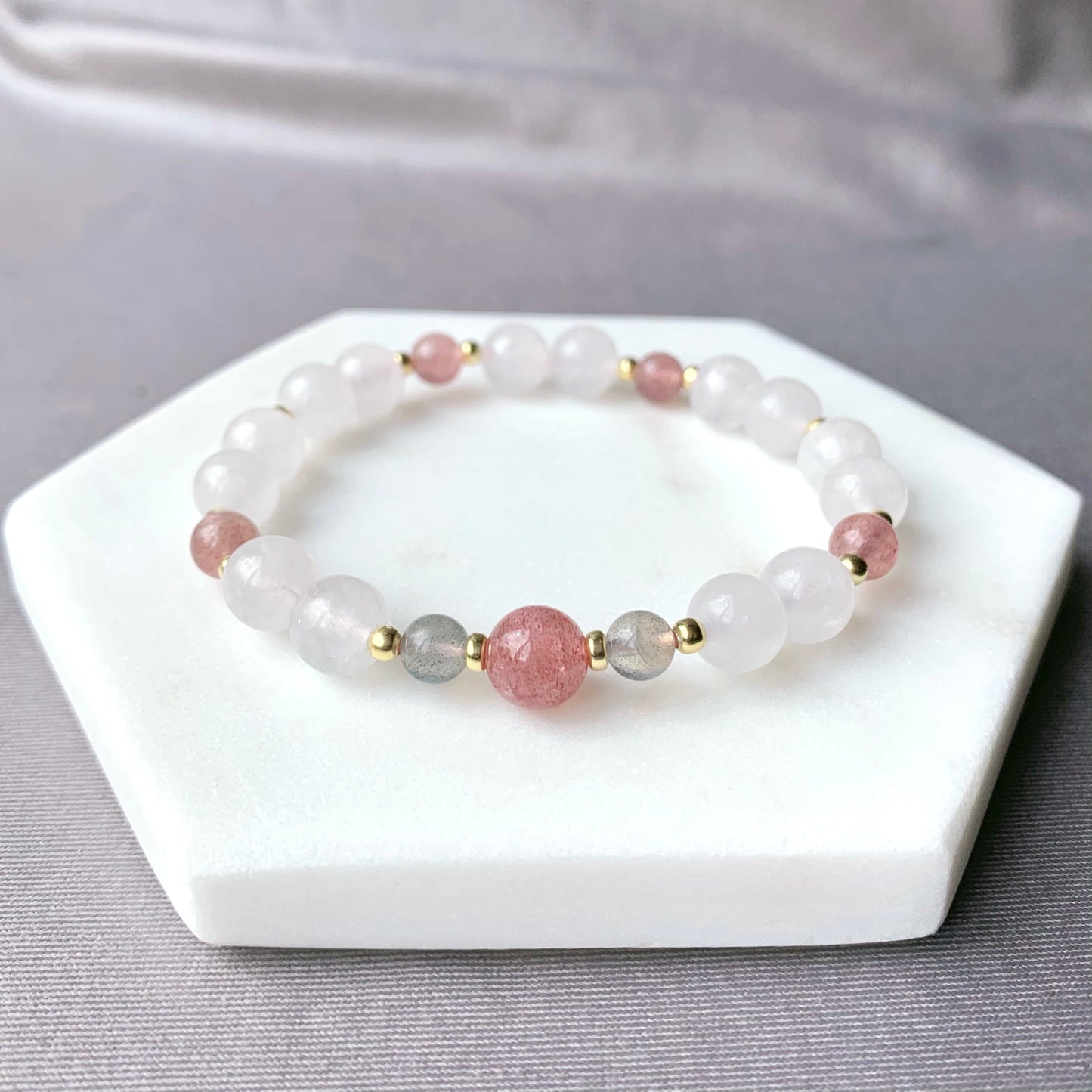 White Chalcedony & Strawberry Quartz Gemstone Bracelet