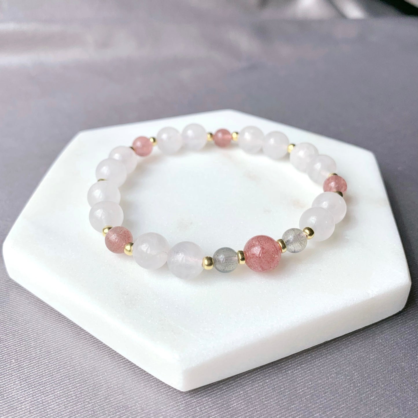 White Chalcedony & Strawberry Quartz Gemstone Bracelet