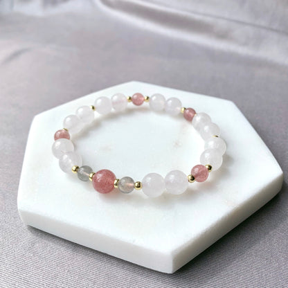 White Chalcedony & Strawberry Quartz Gemstone Bracelet