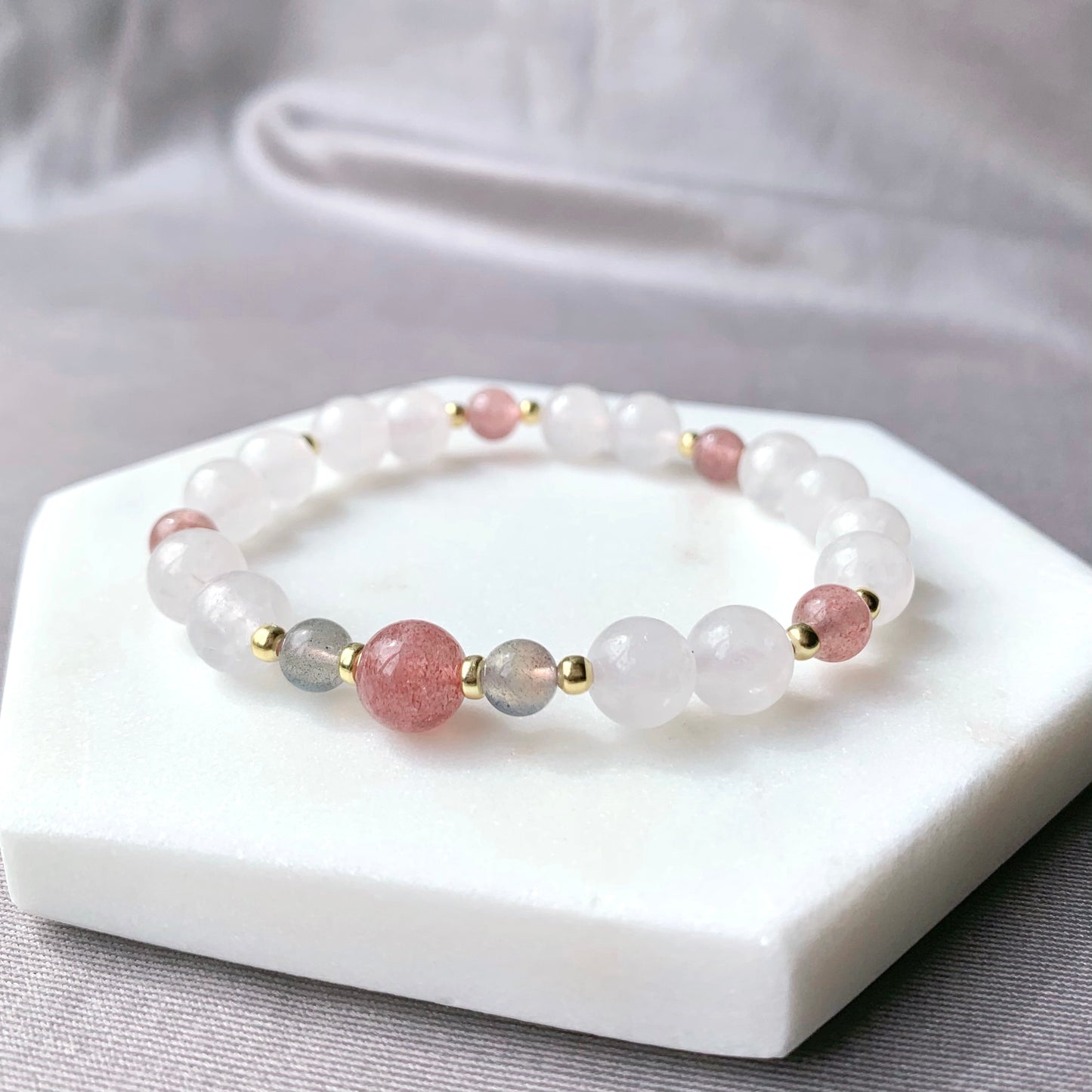 White Chalcedony & Strawberry Quartz Gemstone Bracelet