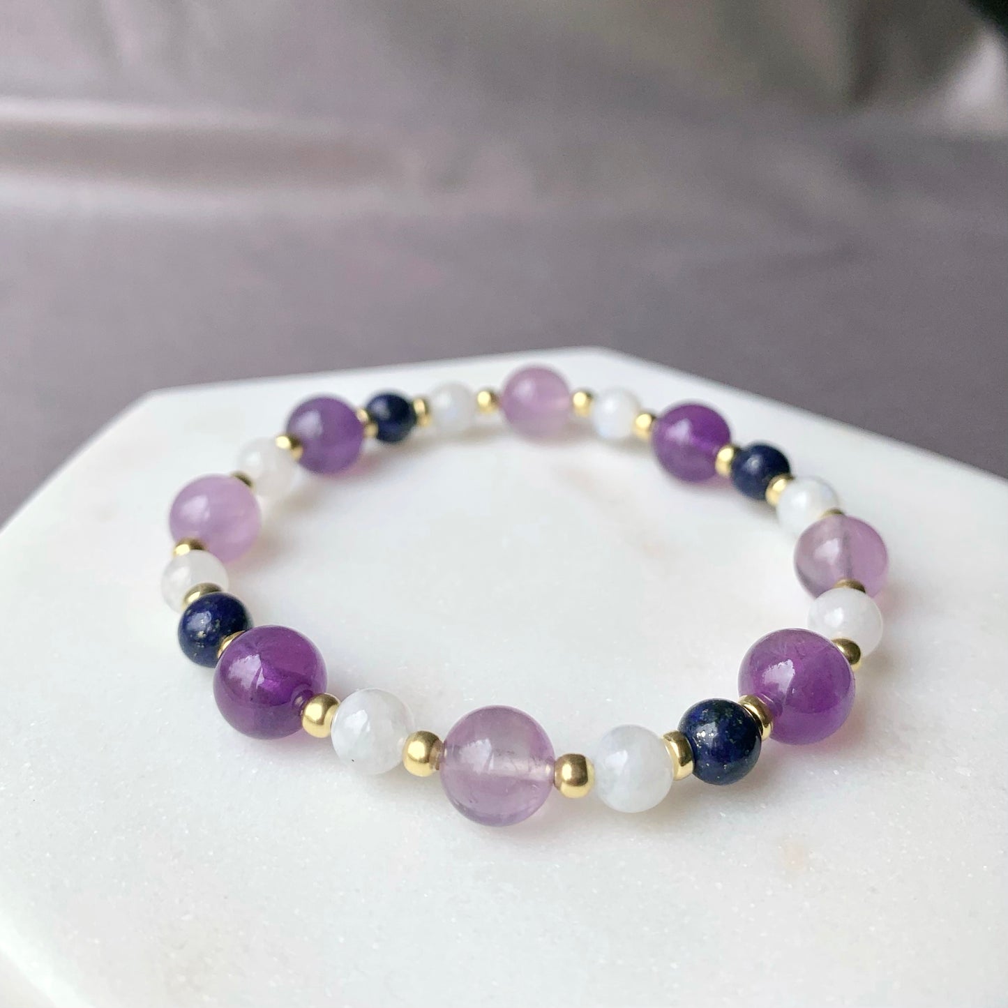 Amethyst & Moonstone Gold Beaded Bracelet