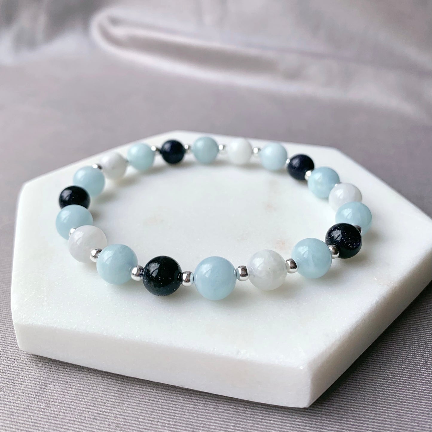 Aquamarine, Moonstone & Blue Sandstone Silver Bracelet