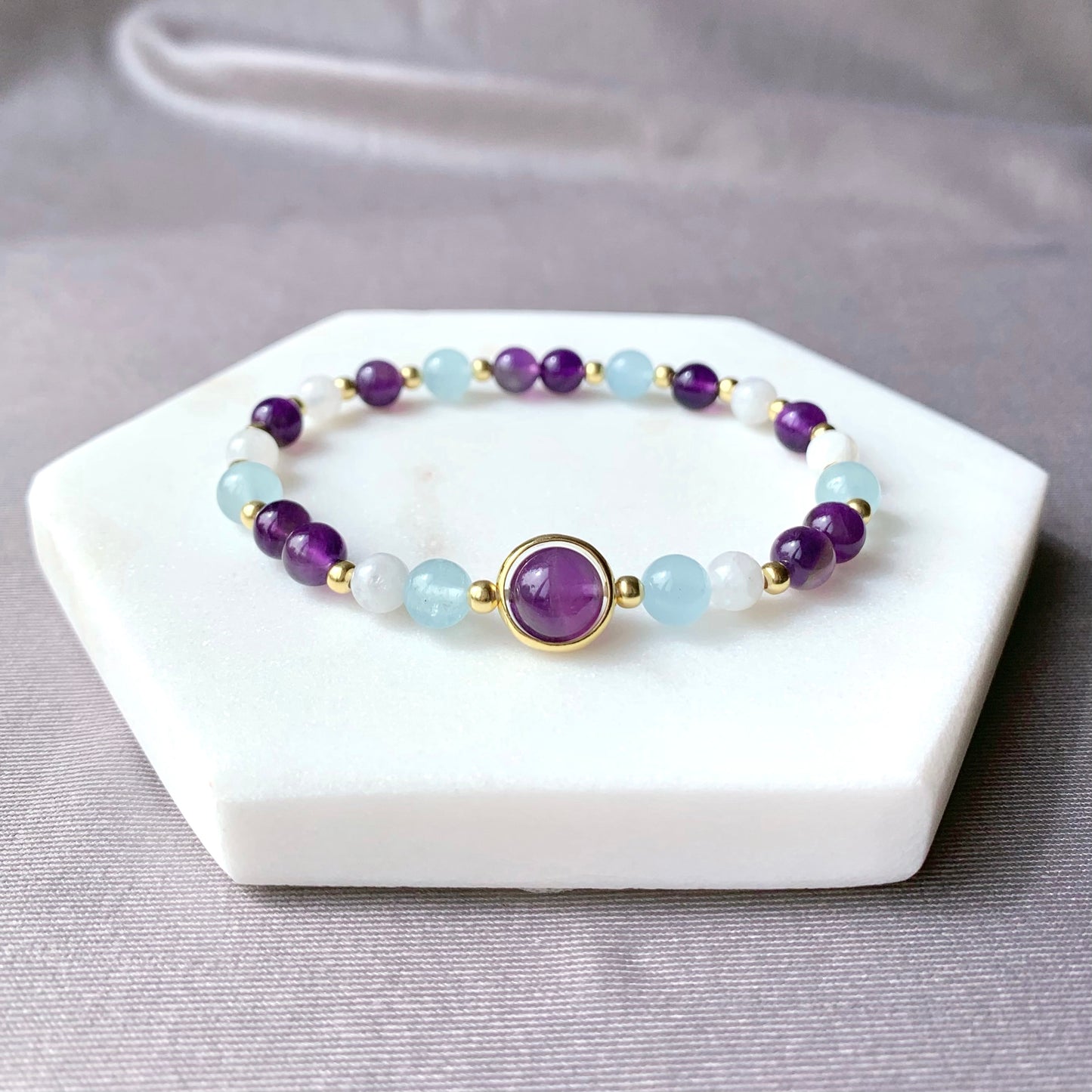 Amethyst & Aquamarine Gold Beaded Bracelet