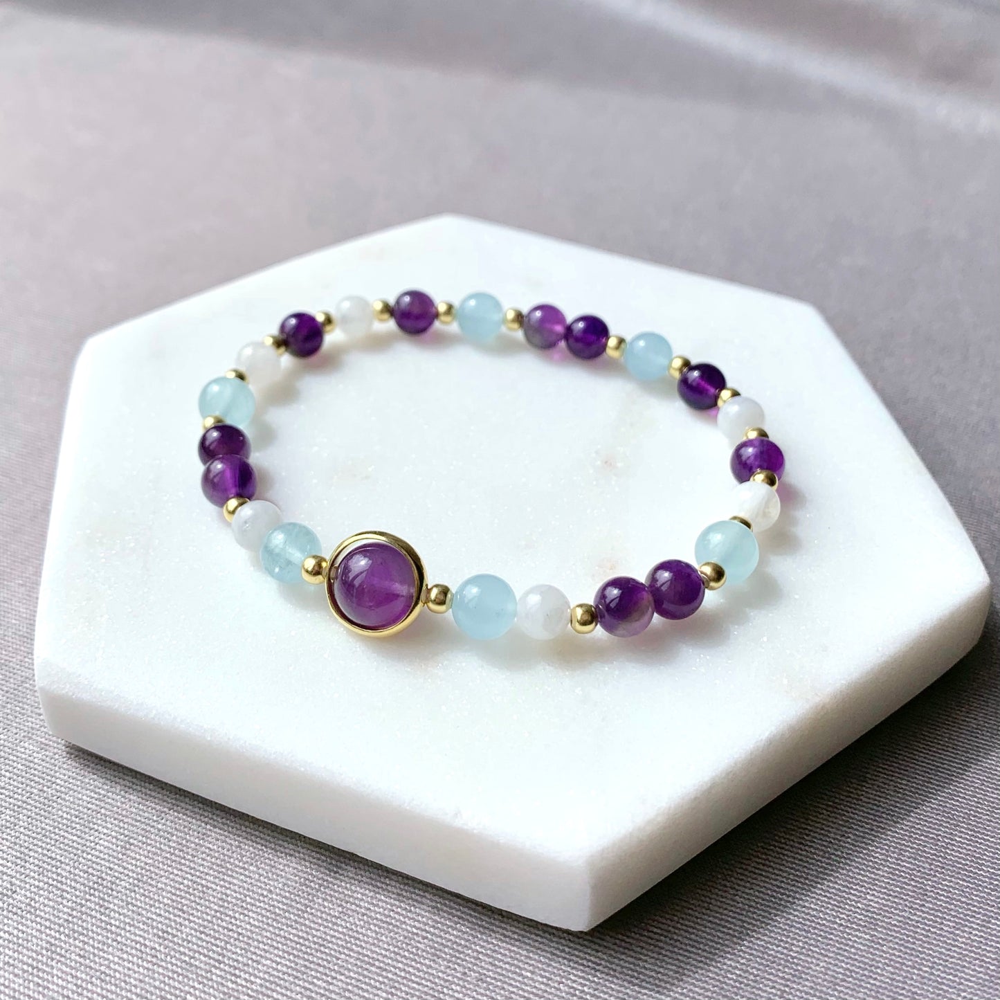 Amethyst & Aquamarine Gold Beaded Bracelet