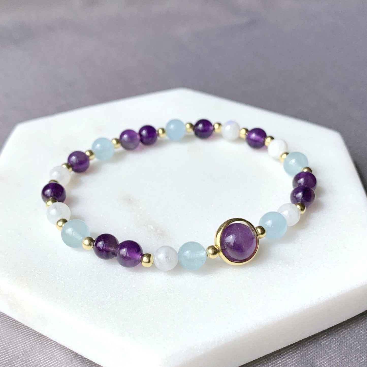 Amethyst & Aquamarine Gold Beaded Bracelet