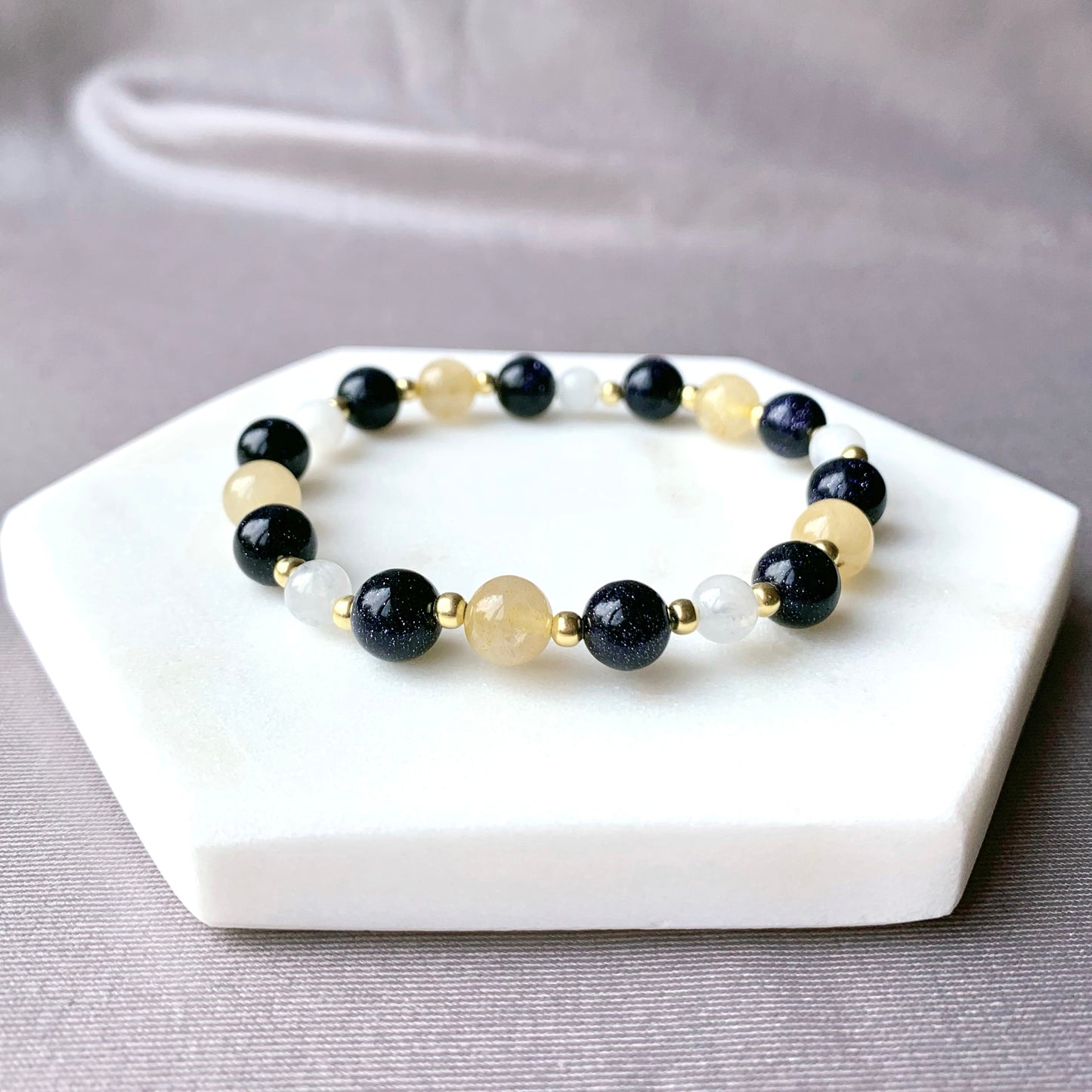 Rutilated Citrine & Blue Sandstone Gold Bracelet