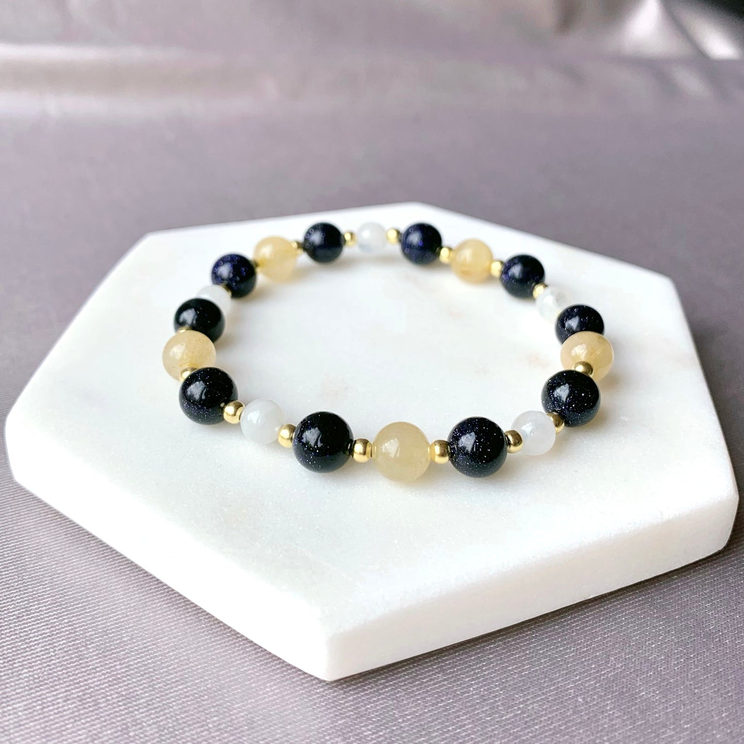 Rutilated Citrine & Blue Sandstone Gold Bracelet