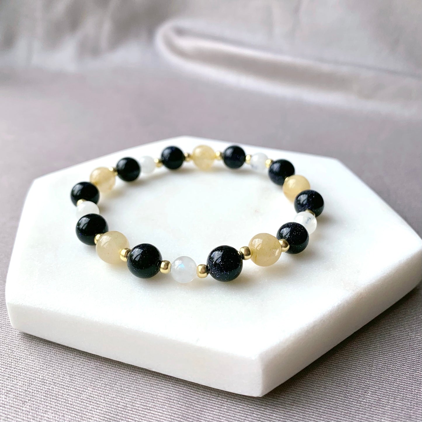 Rutilated Citrine & Blue Sandstone Gold Bracelet