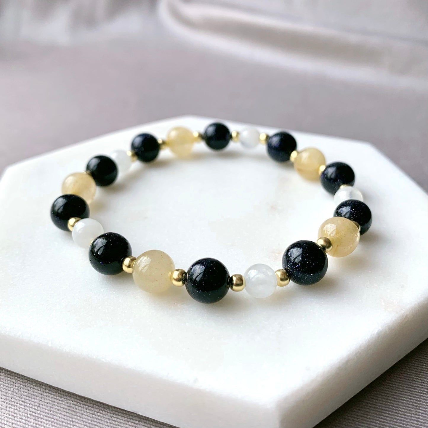 Rutilated Citrine & Blue Sandstone Gold Bracelet