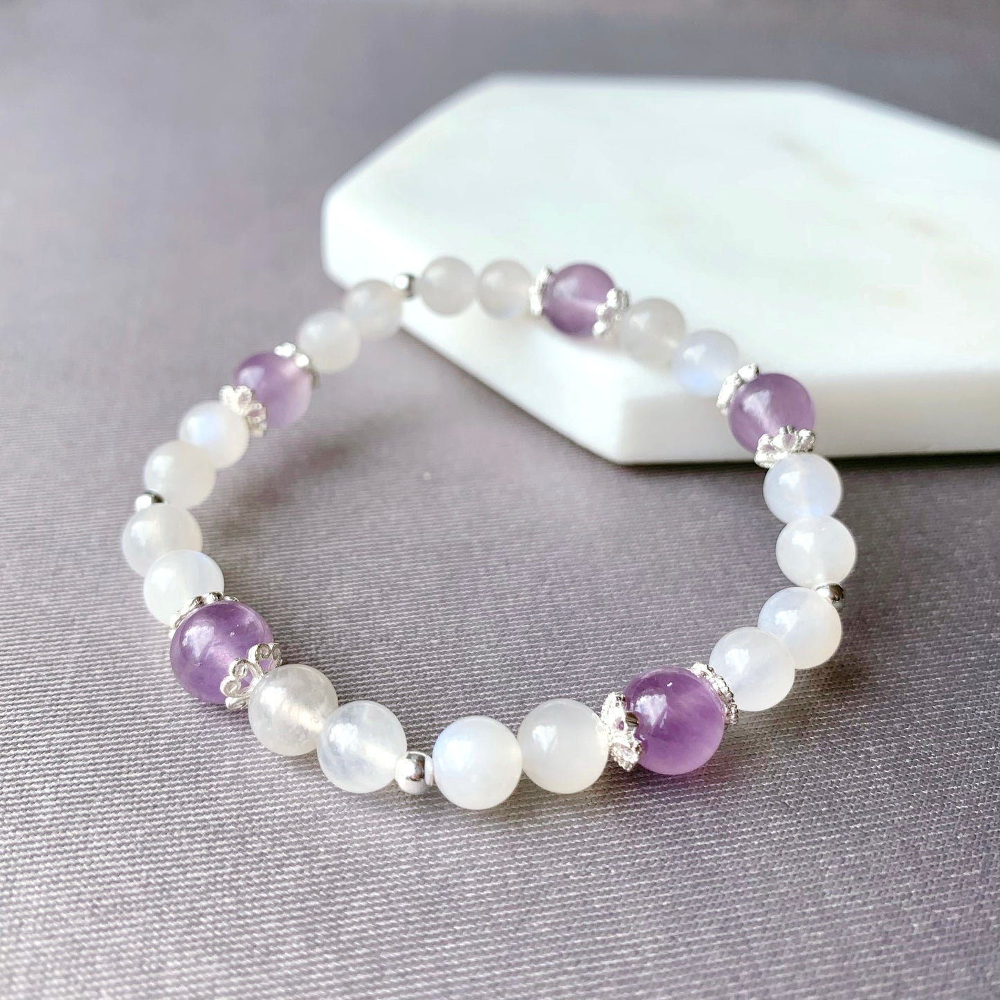 Lavender Amethyst & Moonstone Flower Beaded Bracelet
