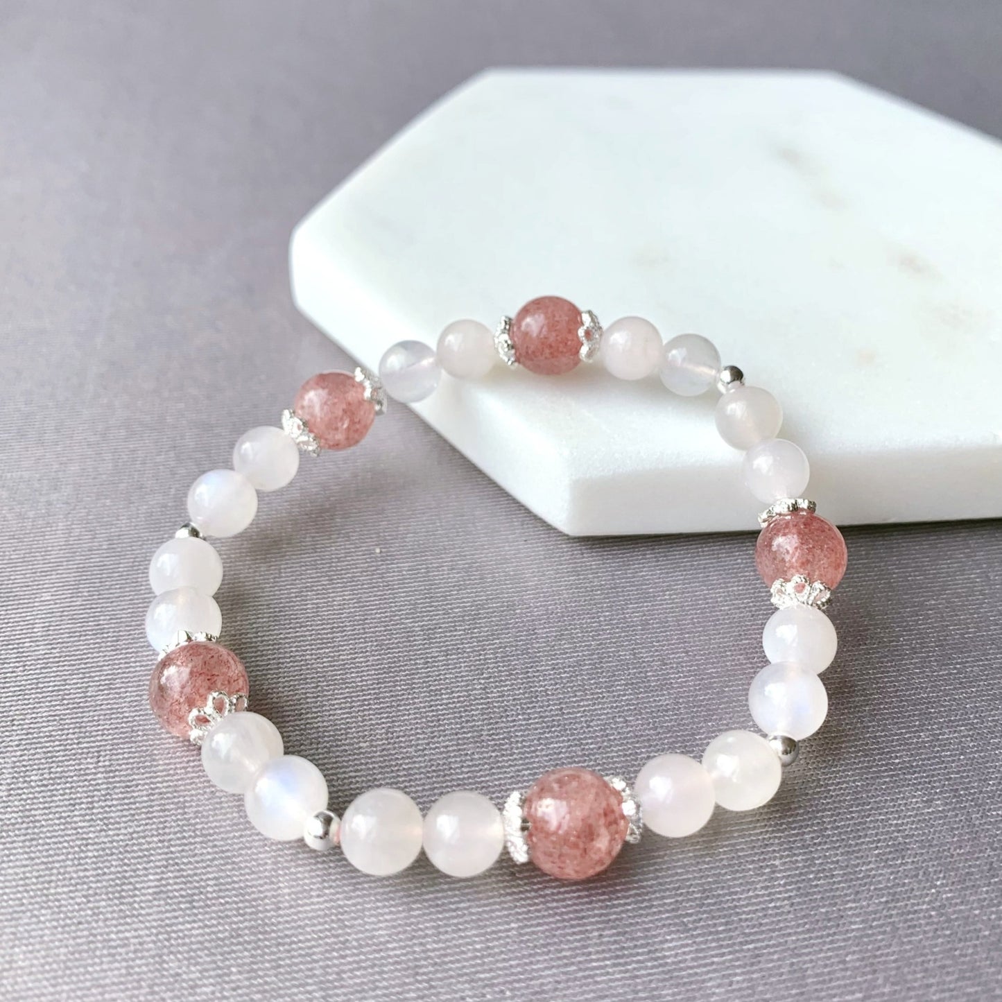 Strawberry Quartz & Moonstone Flower Beaded Bracelet