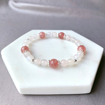 Strawberry Quartz & Moonstone Flower Beaded Bracelet