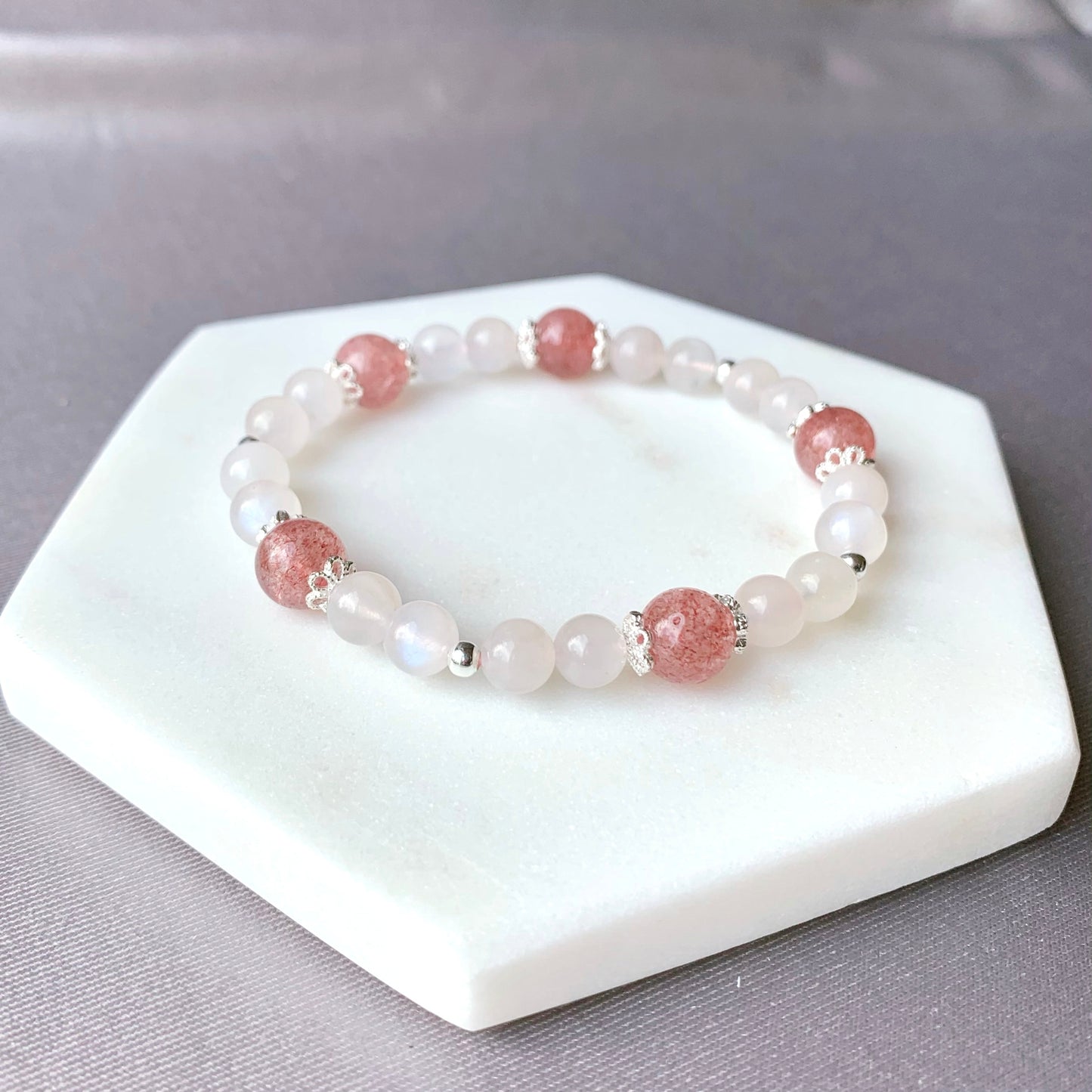 Strawberry Quartz & Moonstone Flower Beaded Bracelet
