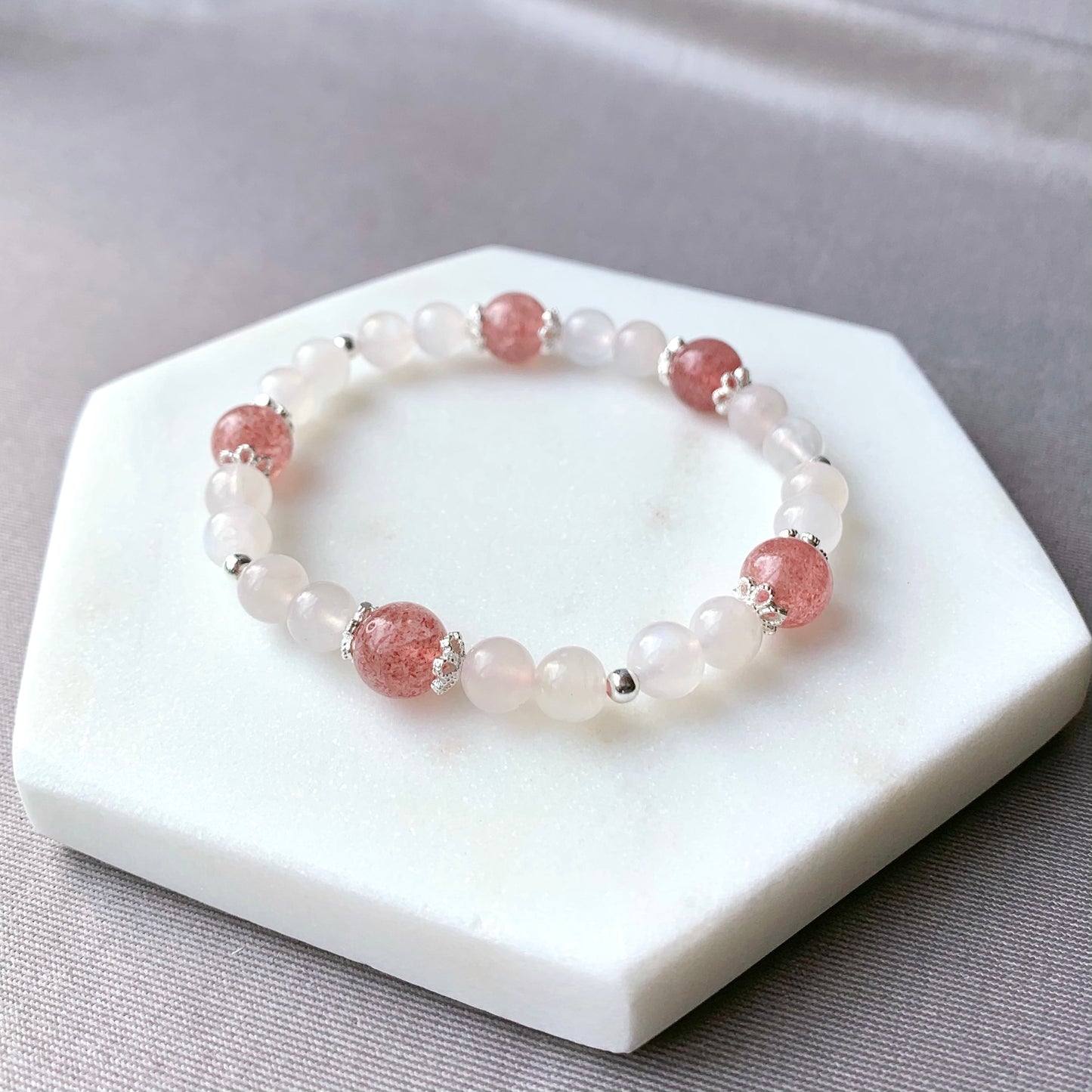 Strawberry Quartz & Moonstone Flower Beaded Bracelet