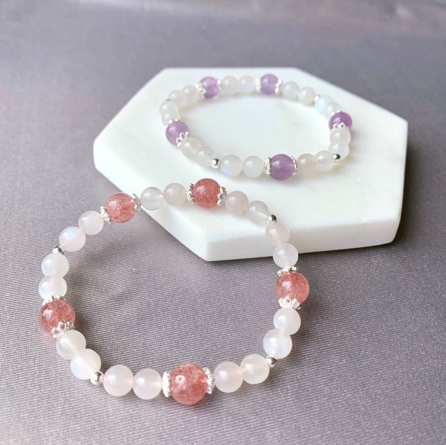 Strawberry Quartz & Moonstone Flower Beaded Bracelet