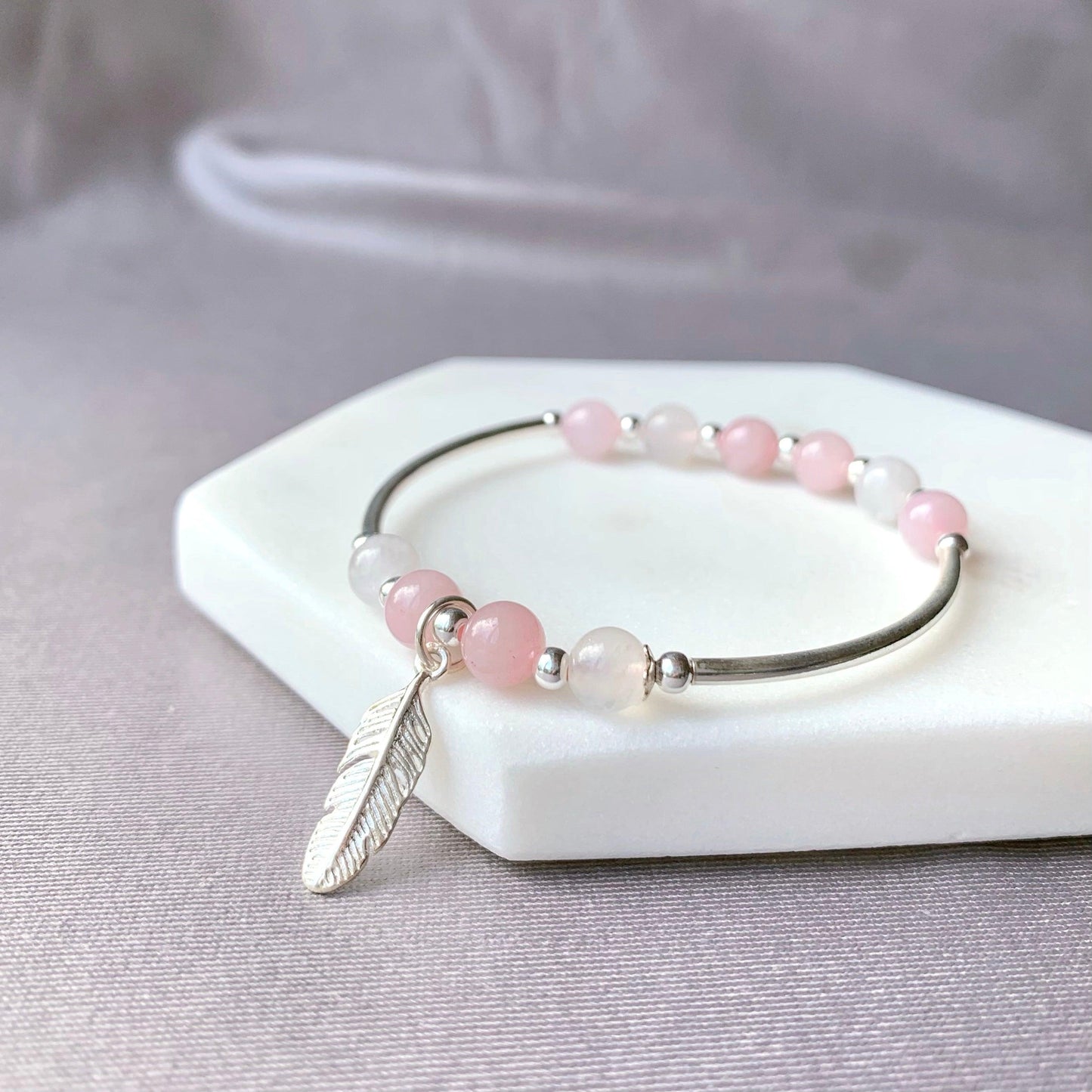 Love Relationship Rose Quartz Feather Bracelet - Crystolver | Healing Crystal Gift Shop