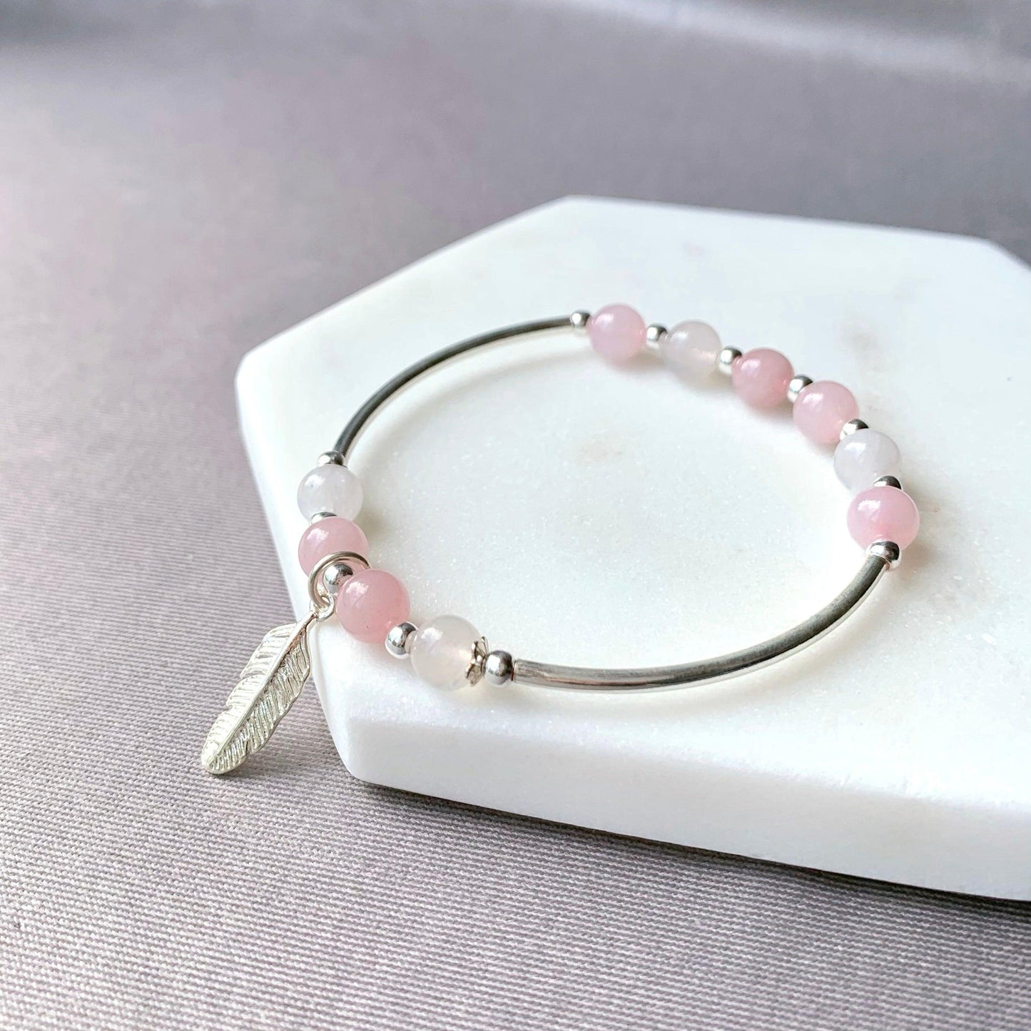 Love Relationship Rose Quartz Feather Bracelet - Crystolver | Healing Crystal Gift Shop