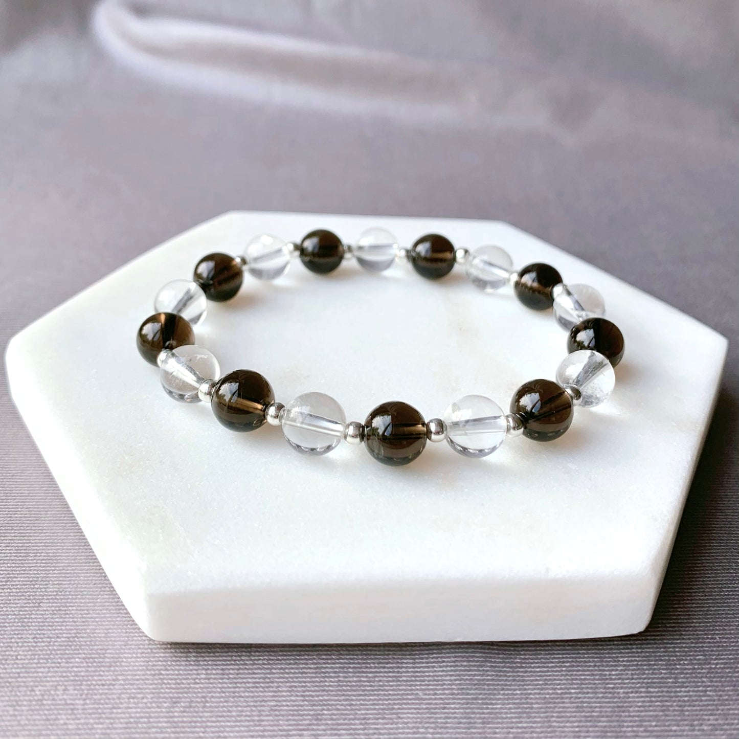 Smokey & Clear Quartz Silver Beaded Bracelet