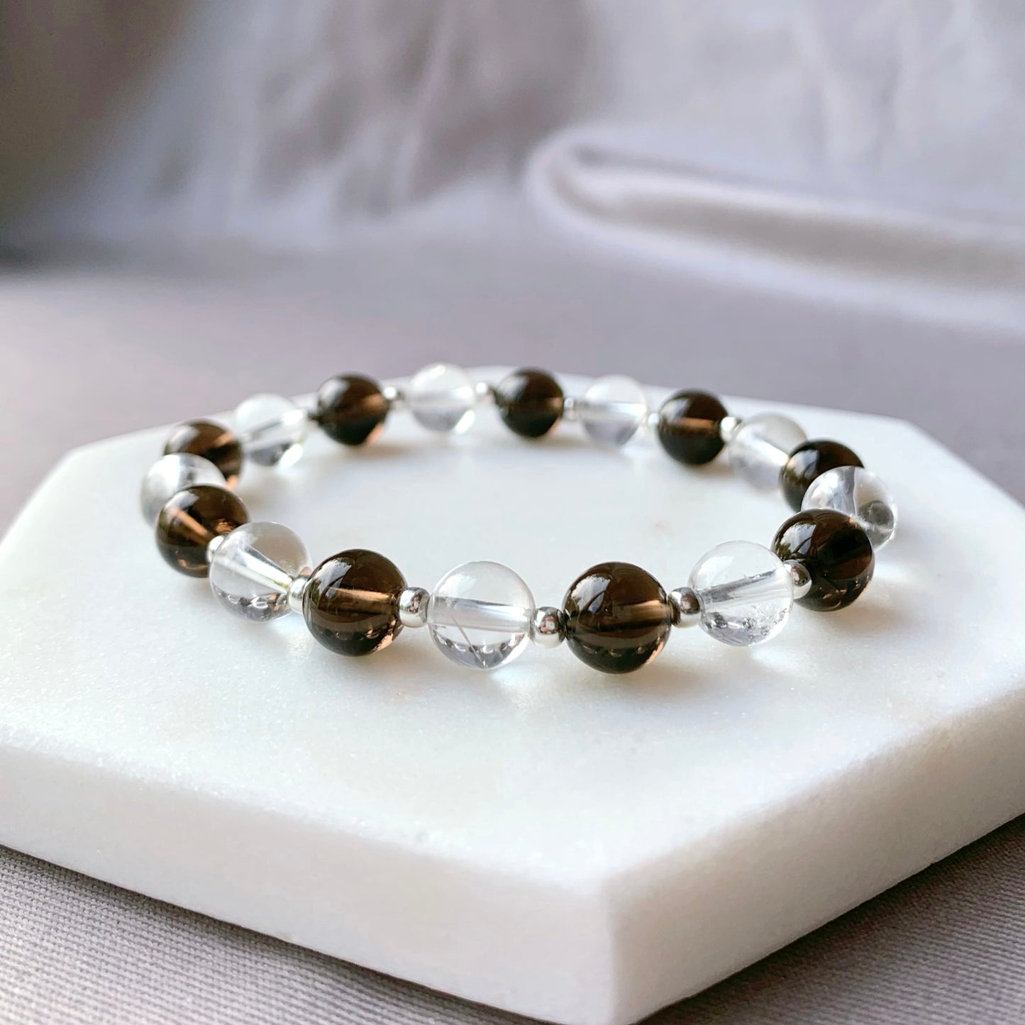 Smokey & Clear Quartz Silver Beaded Bracelet