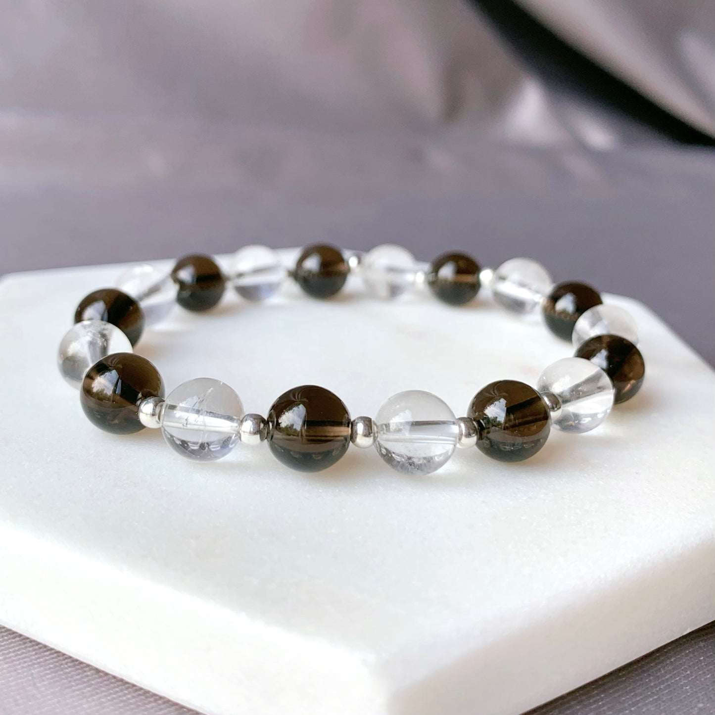 Smokey & Clear Quartz Silver Beaded Bracelet