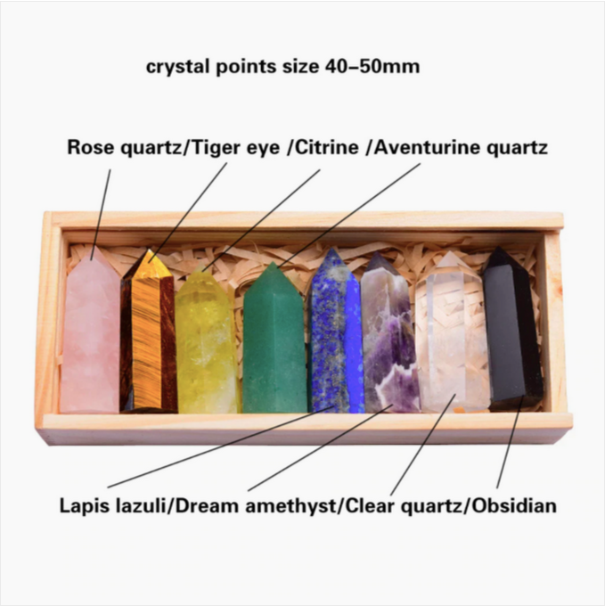 8 Pcs Crystal Wand with Wooden Box