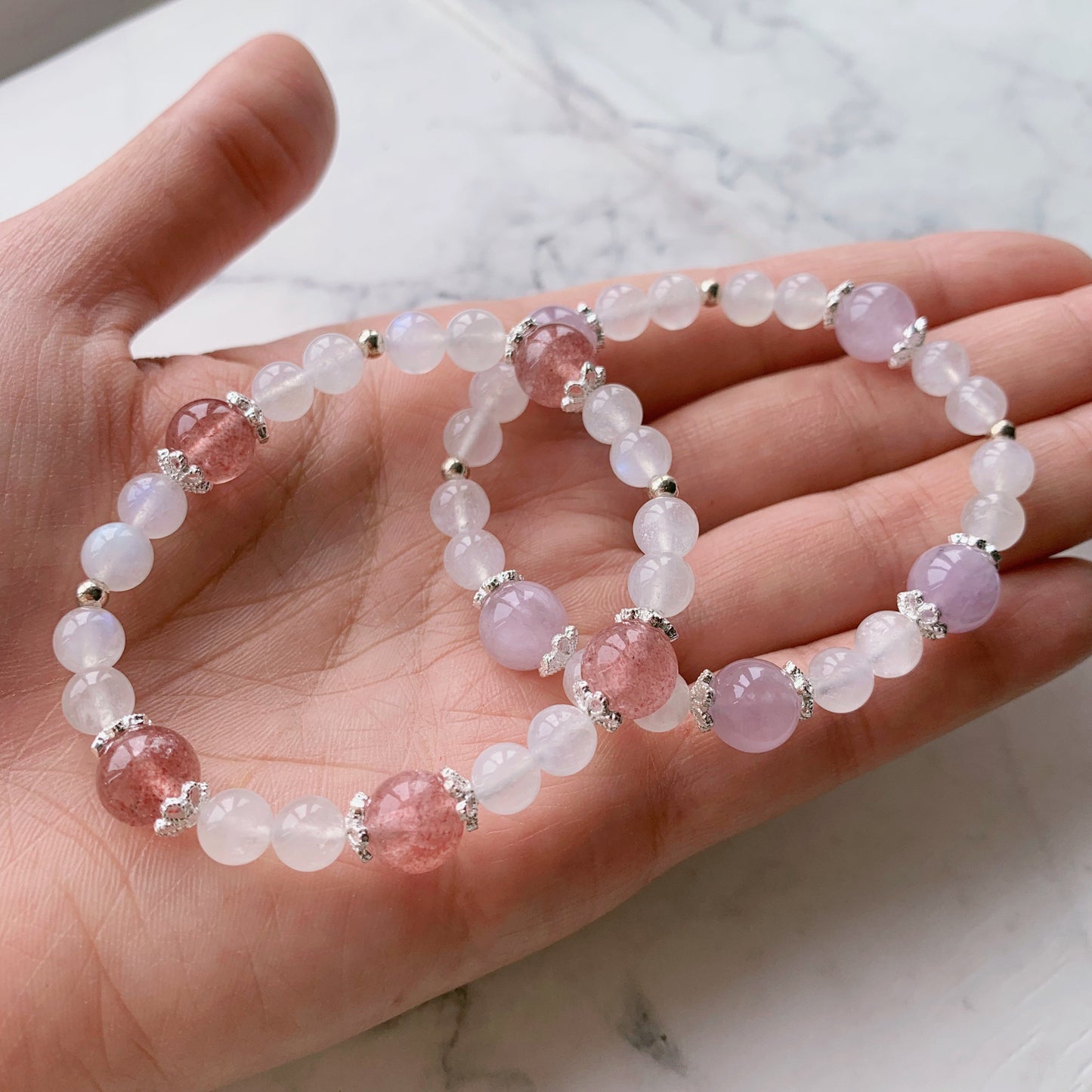 Strawberry Quartz & Moonstone Flower Beaded Bracelet